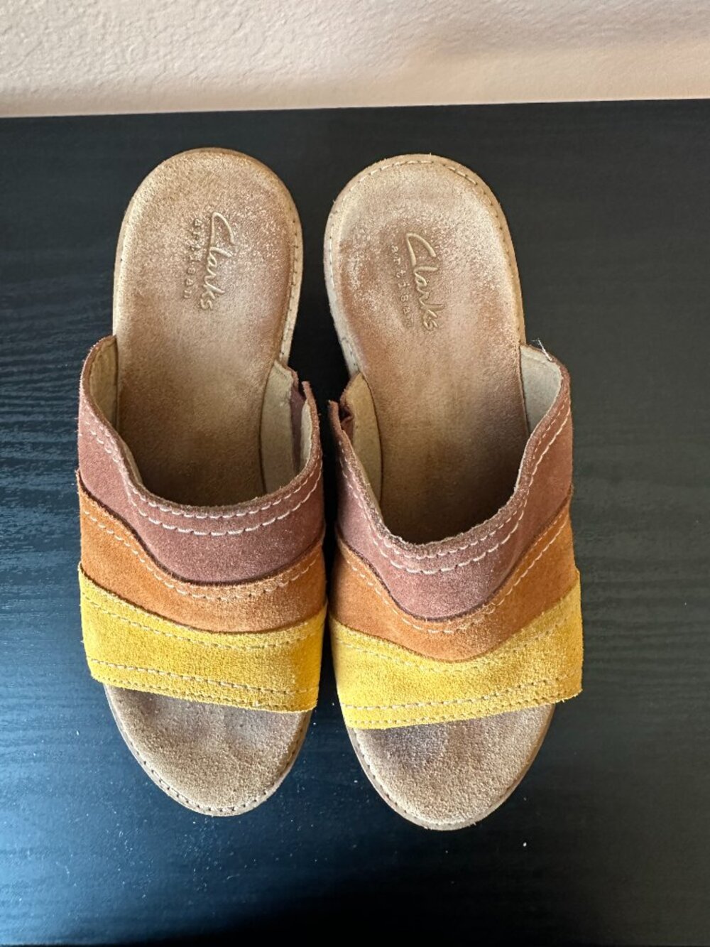 Clarks Artisan Suede Cork Wedge Slide Sandals Colorblock Brown Yellow Women's 6